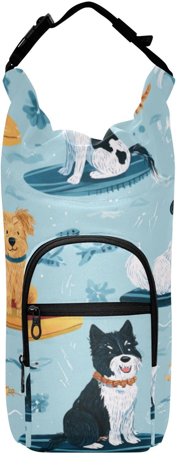 Blue Summer Dogs on Surfboards Water Bottle Holder with Strap Insulated Water Bottle Carrier Crossbody Bags Pouch with Phone Pocket for Travel Gym Hiking Walking Running