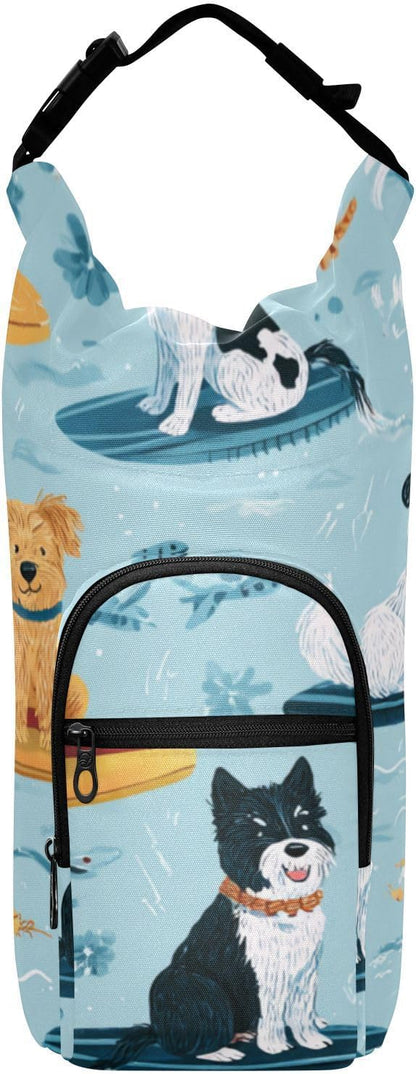 Blue Summer Dogs on Surfboards Water Bottle Holder with Strap Insulated Water Bottle Carrier Crossbody Bags Pouch with Phone Pocket for Travel Gym Hiking Walking Running