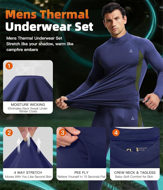 CL convallaria Mens Thermal Underwear Set with Fly Long Johns Base Layer Winter Hunting Gear Sport Top and Bottom