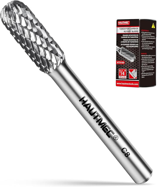 HAUTMEC Tungsten Carbide Rotary Burr Bit – 1/4" Shank, Double Cut Tungsten Rotary File for Die Grinder, Professional Grade, Suit for Metal Carving, Grinding, Engraving & Deburring - HT0199