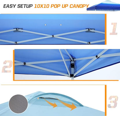 EAGLE PEAK Pop Up Canopy Tent with Wheeled Carry Bag, 8 Stakes, 4 Ropes, 4 Weight Bags, Easy Set Up Tent Canopy, 10x10 ft, 100sqft of Shade, Blue Fade Stripe