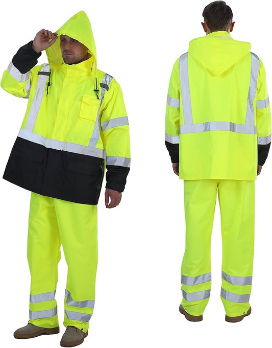 sesafety Hi Vis Rain Jacket, Rain Suits for Men Waterproof withBlack Bottom, Rain Coats for Men Interior Mesh, Class 3 HighVisibility Rain Gear,Removable Hood