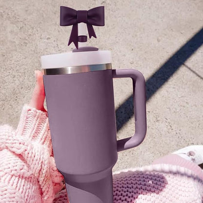 4Pcs Silicone Straw Toppers Covers for Stanley Cups 40/30oz 10mm(0.4in) Dust-Proof Bow Straw Covers Toppers Suitbale for Stanley Cup Accessories Reusable Straws Caps (Dark Purple)