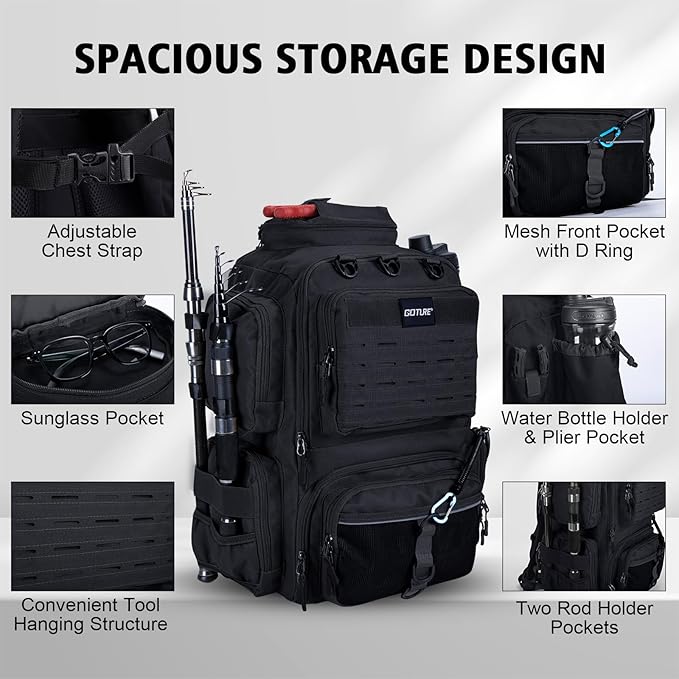 Goture Fishing Backpack, 900D Water-Resistant Tackle Backpack with Rod Holders, 45L Large Fishing Bag Storage Gear Tackle Bag with Rain Cover, Soft Bait Binder for Camping Hiking (Without Tackle Box)