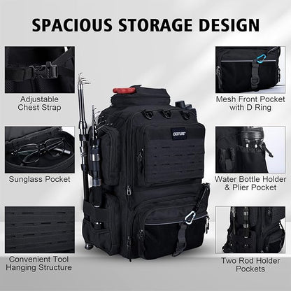 Goture Fishing Backpack, 900D Water-Resistant Tackle Backpack with Rod Holders, 45L Large Fishing Bag Storage Gear Tackle Bag with Rain Cover, Soft Bait Binder for Camping Hiking (Without Tackle Box)