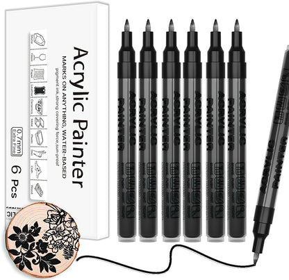 Acrylic Paint Pens Waterproof Markers 6 Black Permanent Marker Pens Acrylic Pens for Rock Painting Glass Stone Ceramic Metal Fabric Pebble Painting pens Craft Supplies