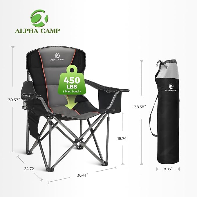 ALPHA CAMP Oversized Camping Chair Heavy Duty Lawn Chair with Cooler Bag Support 450 LBS Steel Frame Collapsible Padded Arm Quad Lumbar Back Folding Chair for Lawn Outdoor