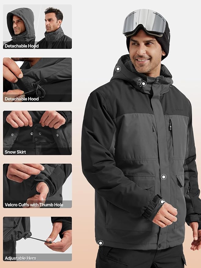 FREE SOLDIER Men's Waterproof Ski Jacket Fleece Lined Warm Winter Snow Coat with Hood Fully Taped Seams
