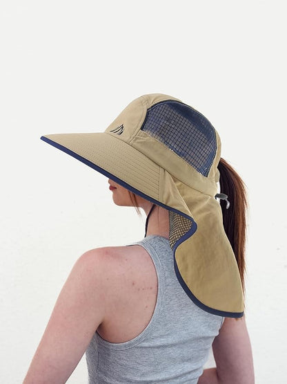 UV Sun Protection Hat Women Foldable Neck Flap Wide Brim Fishing Hat with Ponytail Hole for Women