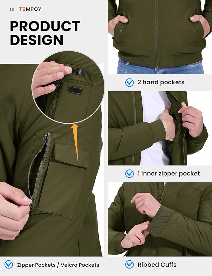 TBMPOY Men's Fall Jacket Winter Windbreaker Bomber Zip Up Padded Softshell Warm Windproof Casual Coat