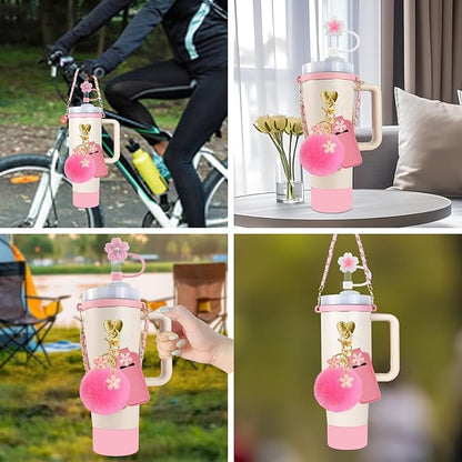 Velaco 11 PCS Accessories for Stanley Cup, Water Bottle Handle Strap for Stanley 30/40 oz tumbler with handle, including Straw Toppers, Silicone Cup Boot, Keychain Charms - PINK