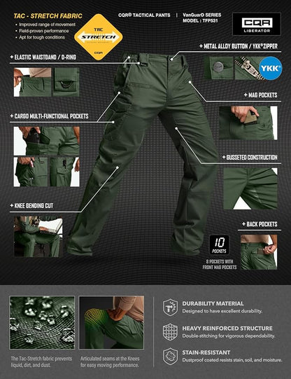 CQR Men's Flex Stretch Tactical Pants, Water Resistant Ripstop Cargo Pants, Lightweight EDC Outdoor Work Hiking Pants
