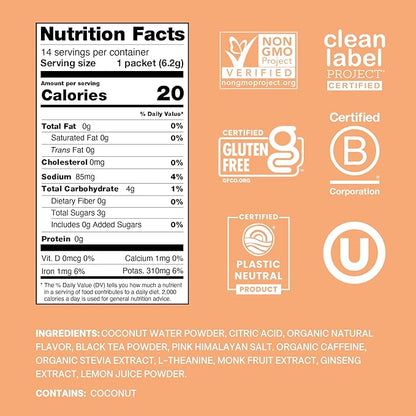 Cure Hydration Performance | Plant-Based Electrolyte Energy Drink Mix | No Added Sugar | Dehydration Relief Powder | 100mg of Caffeine | Non-GMO | Vegan | Pouch of 14 Packets - Peach