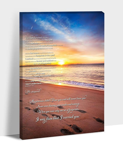 Footprints in the Sand Canvas Prints Wall Art, Footprints in the Sand Wall Art Decor, Inspirational Christian Poem Wall Poster Gift, Beach Picture Wall Art for Living Room Beach Office 24"Wx36"HInches
