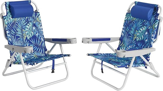 SUNNYFEEL Extra Wide Low Beach Chair 2 Pack 5 Position Lay, XL Oversized Portable Folding Camping Chairs with Cup Holder for Outdoor/Sand, Foldable Backpack Beach Chair for Adults Heavy Duty 500 LBS