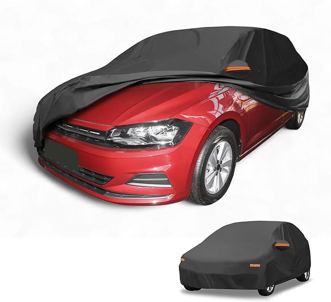 Waterproof All-Weather Universal Car Cover with Right Side Zipper, 210T-PU Black Fits for Hatchback Up to 163" Length