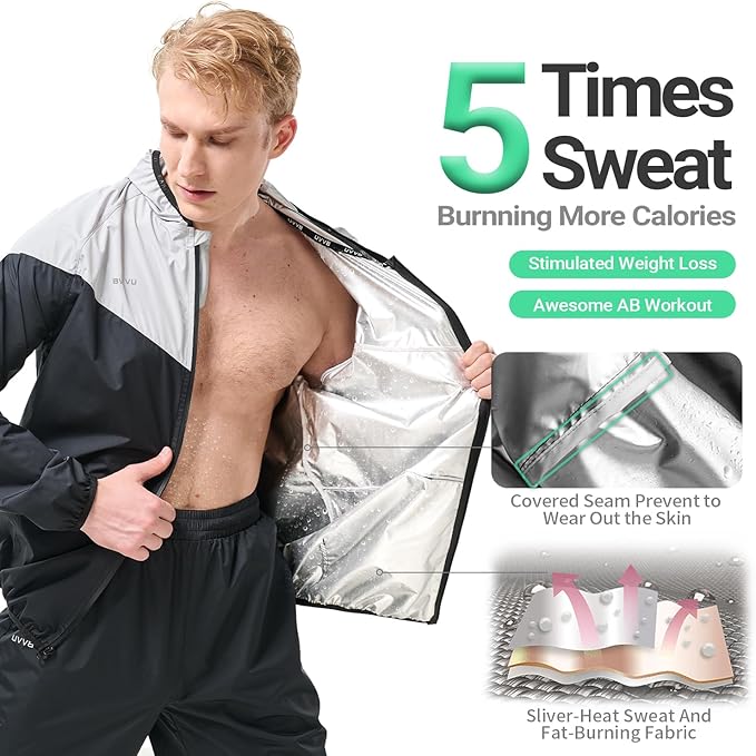 BVVU Sauna Suit for Men Zipper Sweat Suits with Hood Sauna Jacket Pants Gym Workout Full Body