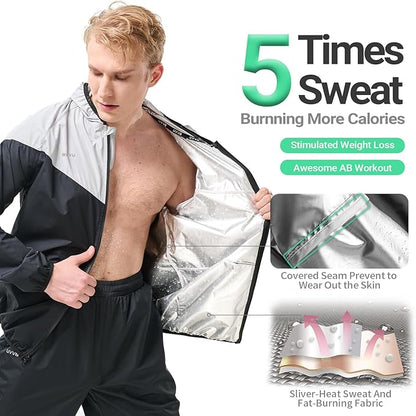 BVVU Sauna Suit for Men Zipper Sweat Suits with Hood Sauna Jacket Pants Gym Workout Full Body