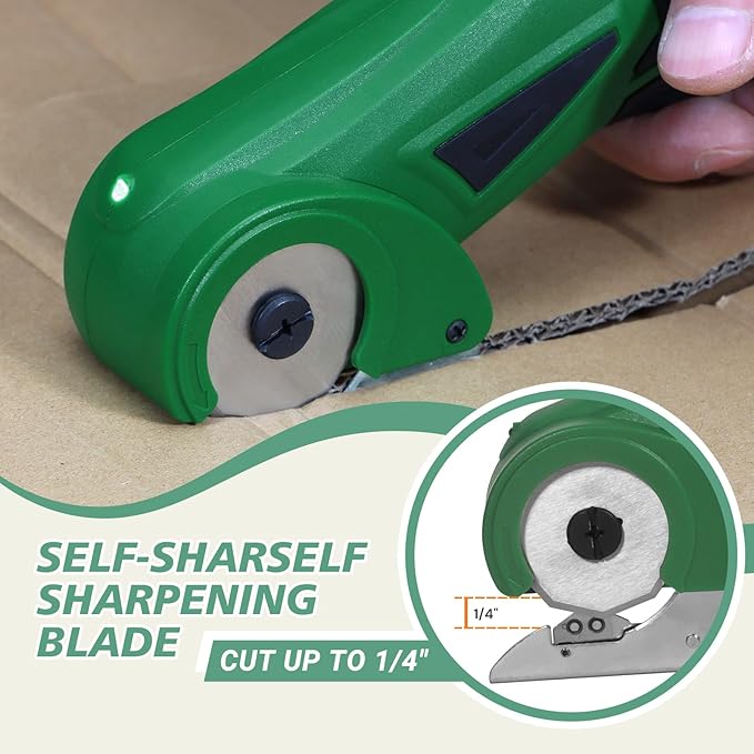 VLOXO Cordless Electric Scissors, 4V Rechargeable Cardboard Cutter with Safety Lock and LED Light Powerful Fabric Mini Cutter Rotary Multi-Cutting Tool for Carpet Leather Felt Storage Box Green