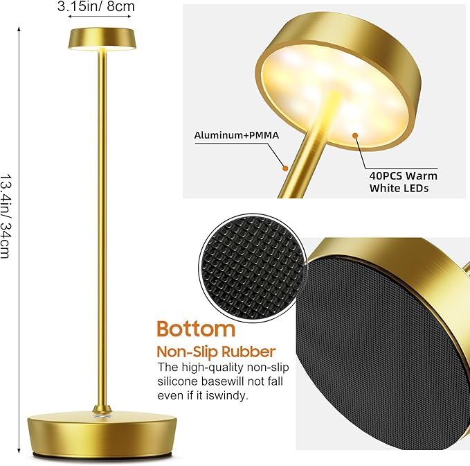 Cordless LED Table Lamp，Rechargeable Battery Desk Lamps, 3 Color Stepless Dimmable Metal Battery Table Lamps, Portable Waterproof Table Light for Indoor/Outdoor/Restaurant (Brass)
