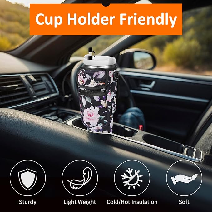 Water Bottle Carrier Bag with Phone Pocket for Stanley 40/30 oz Tumbler Neoprene Insulated Mug Sleeve Pouch with 2 Pockets & Adjustable Strap & Straw Cover for Stanley Cup Accessories