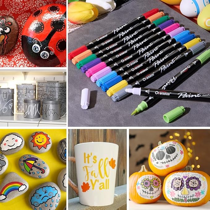 Overseas Black Acrylic Paint Markers, 6 Pack Dual Tip Paint Pens Acrylic Markers - Dot and Brush Tip Coloring Marker for Wood, Rock, Canvas, Glass, Metal, Plastic, Rubber, Fabric, School Supplies