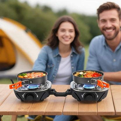 Propane Camping Stove 20,000 BTU - Portable 2 Burner Gas Stove with Adjustable Flame Control, Piezo Ignition, Carry Bag & Propane Adapter Hose, Folding Design for Camp, BBQ, Tailgating, Black