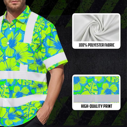 High Visibility Hawaiian Shirt for Men Tropical Shirts Custom Name Floral Outfit Reflective Safety Workwear