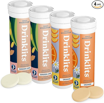 Drinklits Ginger-Lime & Orange Electrolyte Tablets (4) Tube Bundle | Daily Hydration Combo Pack | Delicious Natural Flavors - 0g Sugar | 40 Servings - 10 Tablets Per Tube
