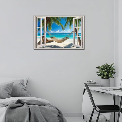 ANRUOXI Beach Wall Art, Blue Ocean Canvas Wall Decor, Beach Theme Window Frame Style Prints Blue Sea Painting, White Window Frame Style Seaside Nature Coastal Framed Artwork for Bathroom 32x48 Inch
