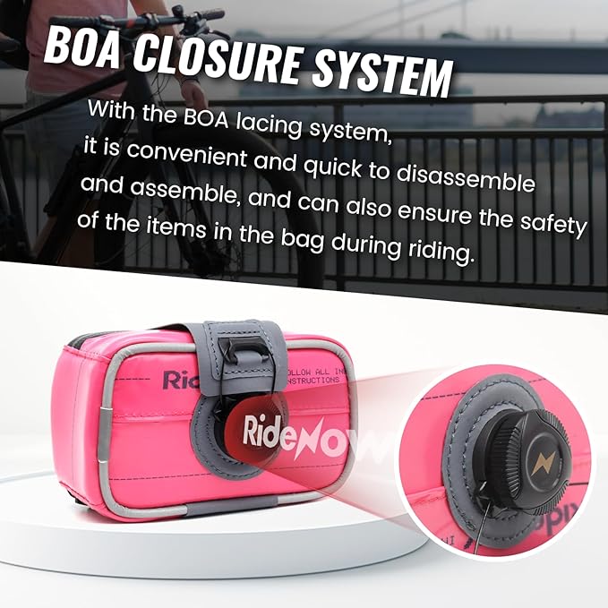 RideNow Waterproof Saddle Bag with BOA Mounting System, Lightweight and Portable Bike Seat Bag for Mountain Road Bike (Pink)