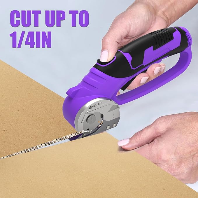 Cordless Electric Scissors,4V Rechargeable Cardboard & Carpet Cutter,Electric Self-Sharpening Rotary Cutter for Fabric,Heavy Duty Scissor with LED Light for Crafts Leather or Plastic Packages,Purple