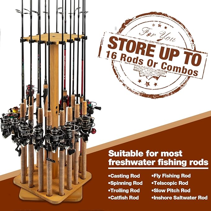 Ghosthorn Fishing Rod Holders for Garage 360 Degree Rotating Fishing Pole Rack, Floor Stand Holds up to 16 Rods Wood Fishing Gear Equipment Storage Organizer, Fishing Gifts for Men Women