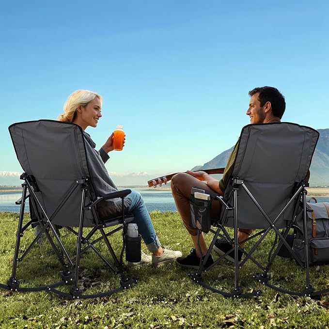 Overmont Back Support Rocking Camping Chair for Adults - Oversized with Adjustable High Backrest - Heavy Duty Folding Rocker Chair Supports 450 LBS - Perfect for Outdoor Lawn Beach Fishing Garden