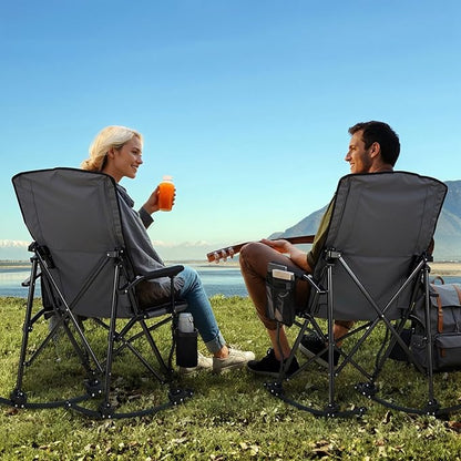 Overmont Back Support Rocking Camping Chair for Adults - Oversized with Adjustable High Backrest - Heavy Duty Folding Rocker Chair Supports 450 LBS - Perfect for Outdoor Lawn Beach Fishing Garden