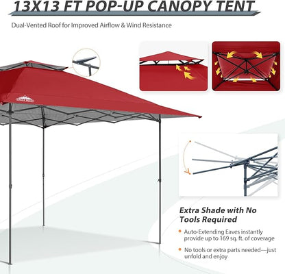 EAGLE PEAK 13x13 Straight Leg Pop Up Canopy Tent Instant Outdoor Canopy Easy Single Person Set up Folding Shelter w/Auto Extending Eaves 169 Square Feet of Shade (Red)