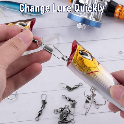 Alwonder 100-Pack Fishing Snap Swivels, Barrel Swivels Fishing Tackle with Snaps Freshwater, Stainless Steel Safty Interlock Snap Swivel Black Nickel Coated Lure Hook Connector Quick Change Clips