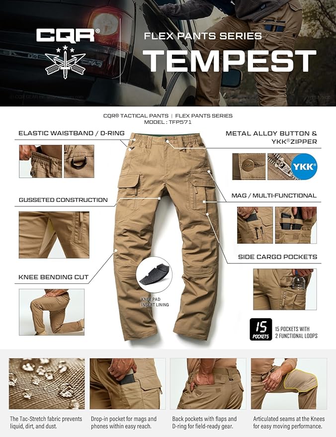 CQR Men's Flex Stretch Tactical Pants, Water Resistant Ripstop Cargo Pants, Lightweight EDC Outdoor Work Hiking Pants
