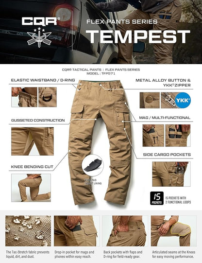 CQR Men's Flex Stretch Tactical Pants, Water Resistant Ripstop Cargo Pants, Lightweight EDC Outdoor Work Hiking Pants