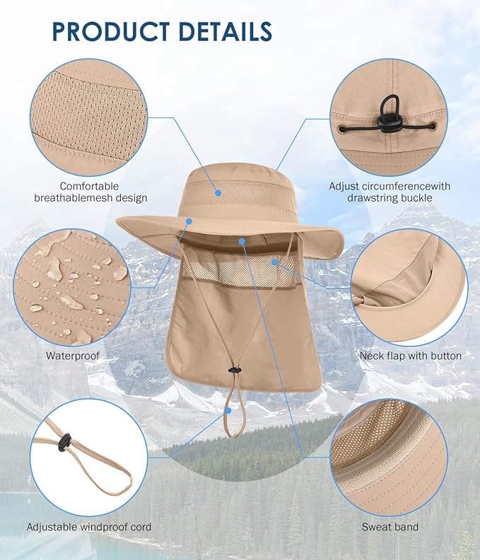 Men&Women Foldable Outdoor Sun Hat with Packable Neck Flap, UV Sun Protection Wide Brim Safari Cap