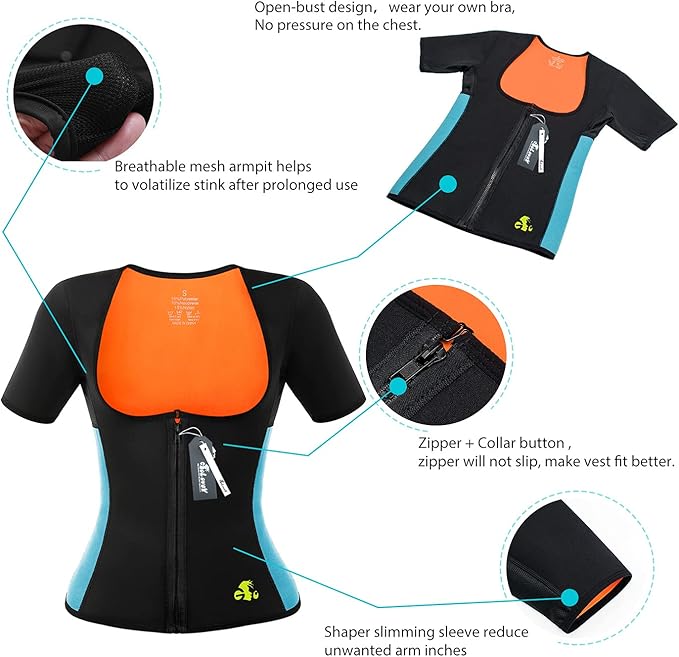 Women Sauna Sweat Vest with Sleeves Neoprene Fitness Shirt Workout Body Shaper Sport Tank Top