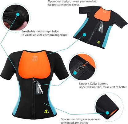 Women Sauna Sweat Vest with Sleeves Neoprene Fitness Shirt Workout Body Shaper Sport Tank Top