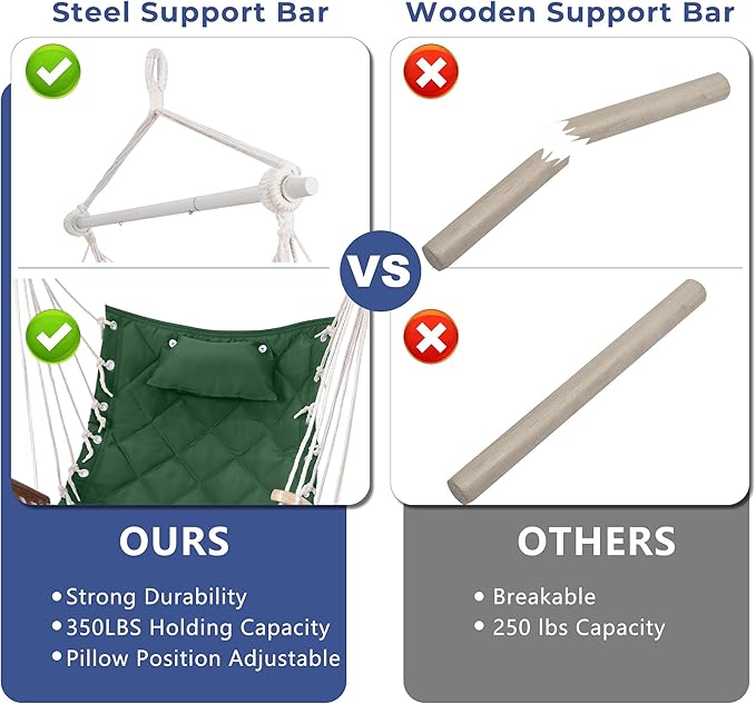 Hammock Chair Hanging Swing with Wooden Armrests;Steel Spreader Bar,Pillows,Hardware kit Included;Cotton Woven ;Up to 350 Lbs,for Indoor Outdoor Green