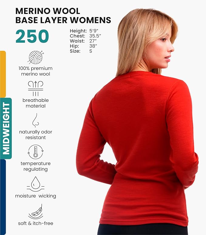 Merino.tech Merino Wool Base Layer Women - 100% Merino Wool Heavyweight, Midweight, Lite Long Sleeve Thermal Shirt and Socks