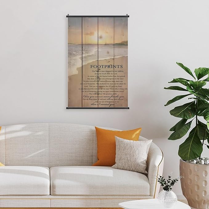 Footprints in the Sand Religious Canvas Wall Art Posters, Inspirational Beach Sunset Poem Print Poster (Black Axis 24x36inch, Footprints(1))