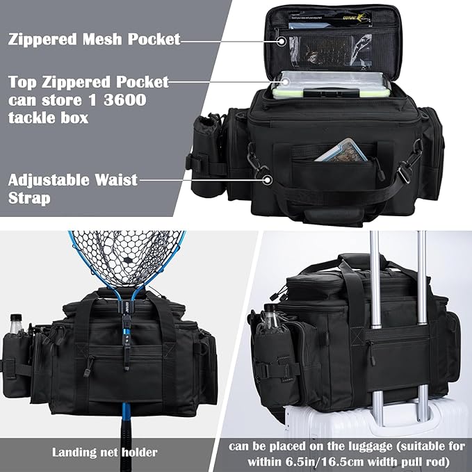 Goture Fishing Tackle Bag, Store Up to 4PCS 3700 Plus 2PCS 3600 Tackle Trays(Not Included), 600D Soft Side Gear Fishing Bag with Rod Straps,Detachable Water Bottle Pouch,Waterproof Bottom,SBS Zippers