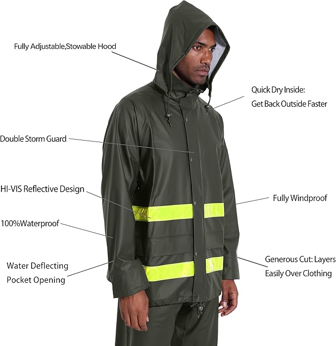Hi-Vis Rain Jacket for Men – Waterproof Work Safety Coat with Reflective Strips, EN 343 Certified, Durable PU