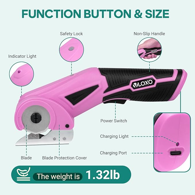 VLOXO Cordless Cardboard Cutter, Electric Scissors with Safety Lock, 4V Electric Fabric Cutter Rotary Powerful Fabric Scissors Recharge Multi-Cutting Tool for Carpet Leather Felt with Storage Box Pink