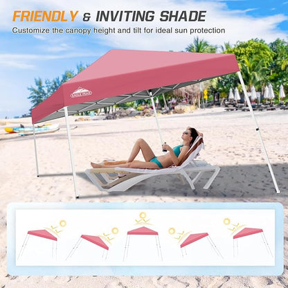 EAGLE PEAK 10x10 Slant Leg Pop-up Canopy Tent Easy One Person Setup Instant Outdoor Beach Canopy Folding Portable Sports Shelter 10x10 Base 8x8 Top (Peach Pink)