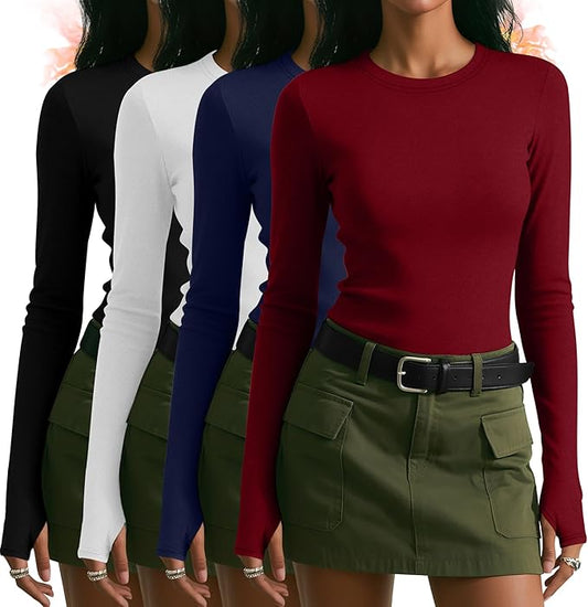 Neer 4 Pack Women's Fleece Thermal Long Sleeve Shirts, Thumb Holes Crew Neck Slim Fit Tops Warm Workout Basic Undershirt